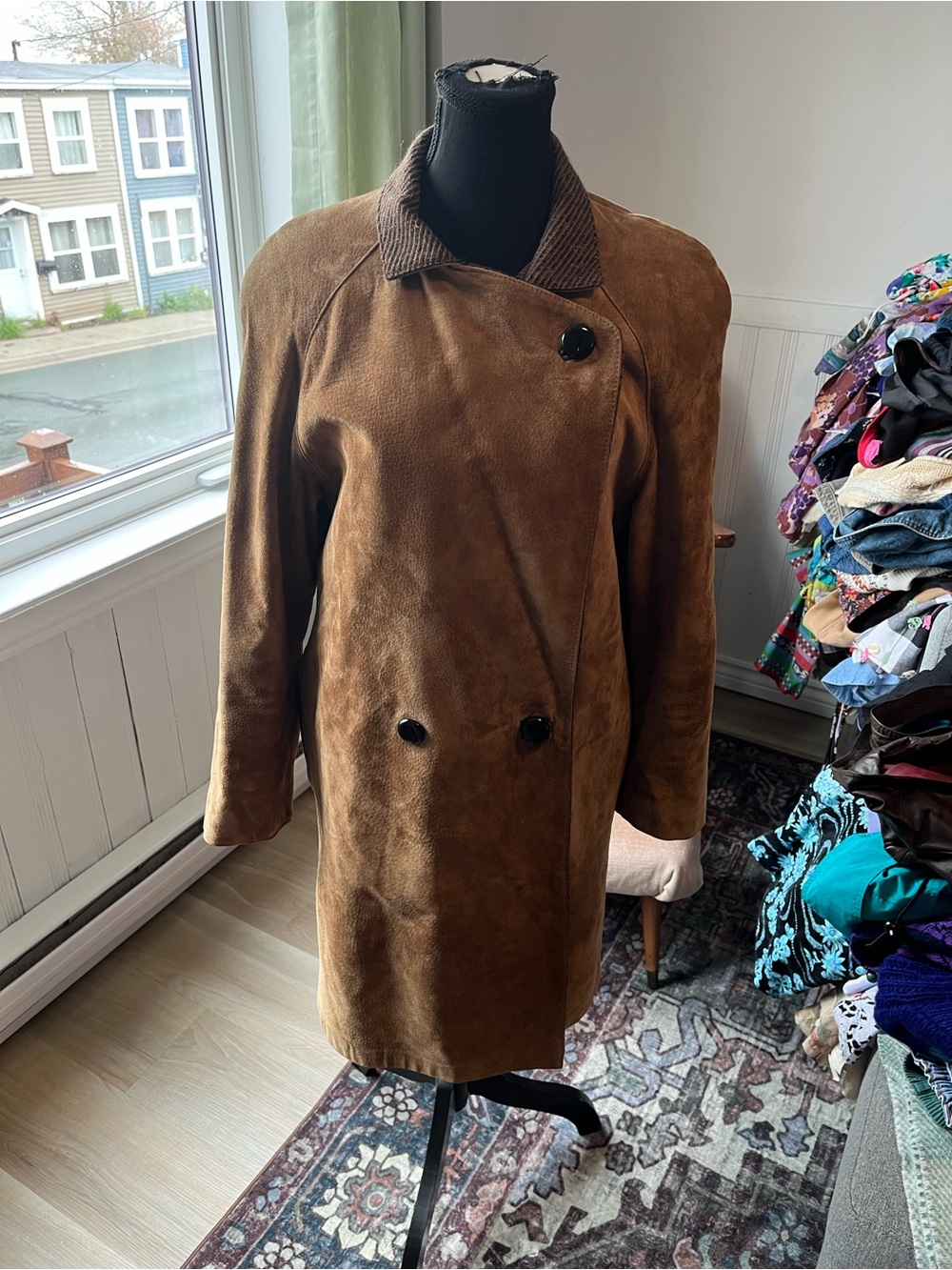 Women's Vintage Brown Suede and Wool Trench Coat M